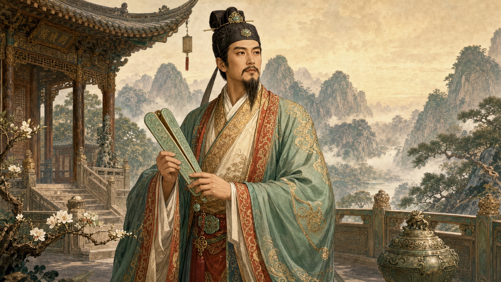 Cao Guojiu holding ceremonial jade tablets on a misty palace-garden terrace
