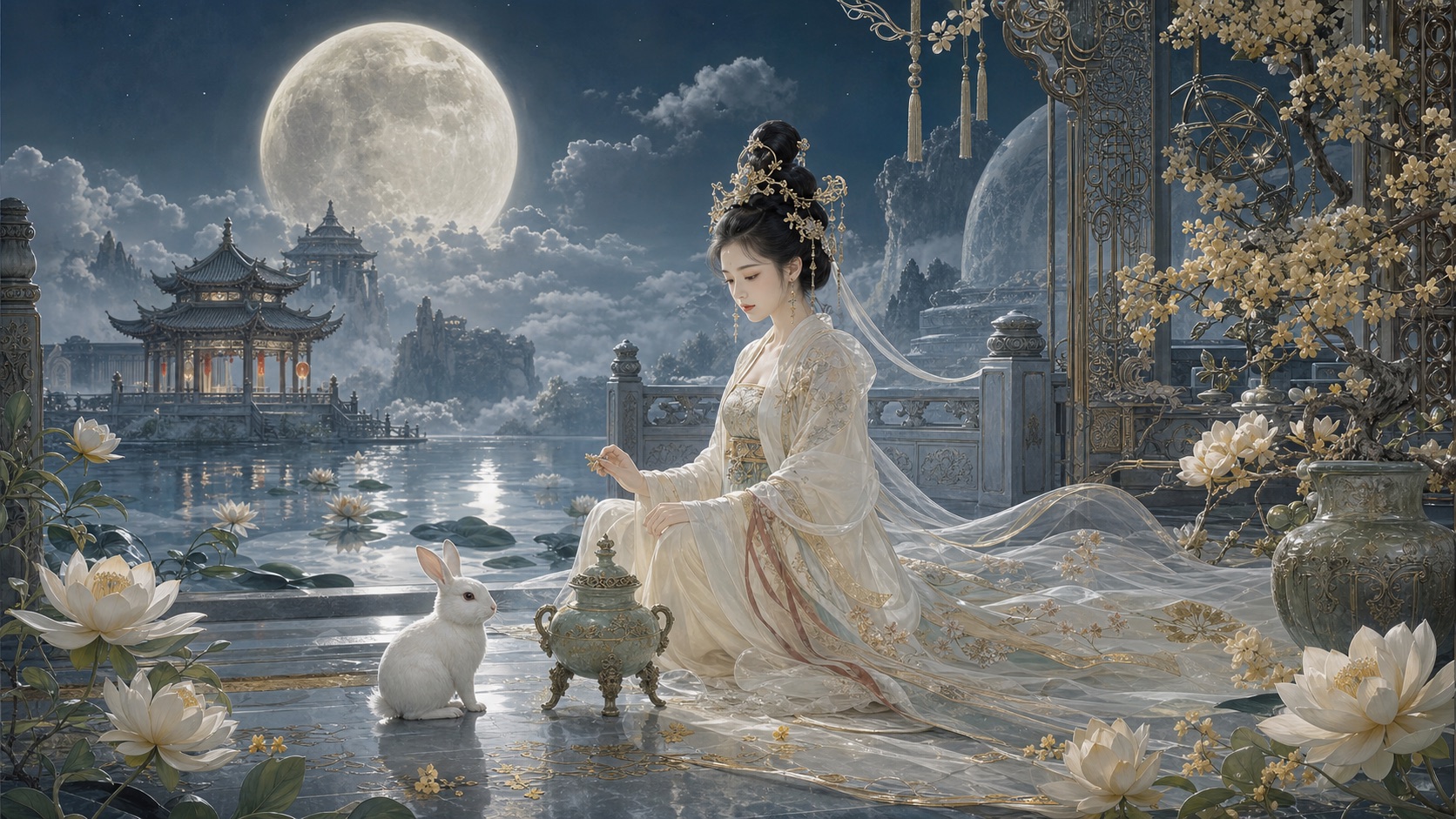 Chang'e in a moon palace with a Jade Rabbit and elixir vessel