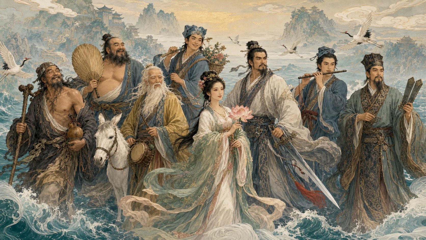 The Eight Immortals crossing the sea with their symbolic attributes