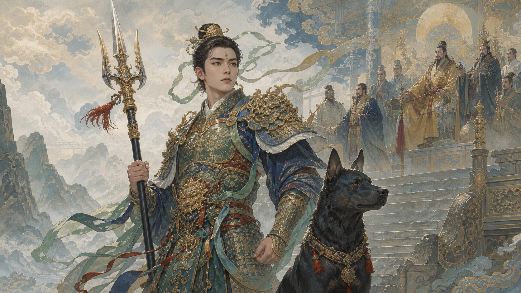 Erlang Shen with a third eye, three-pointed weapon, and celestial hound