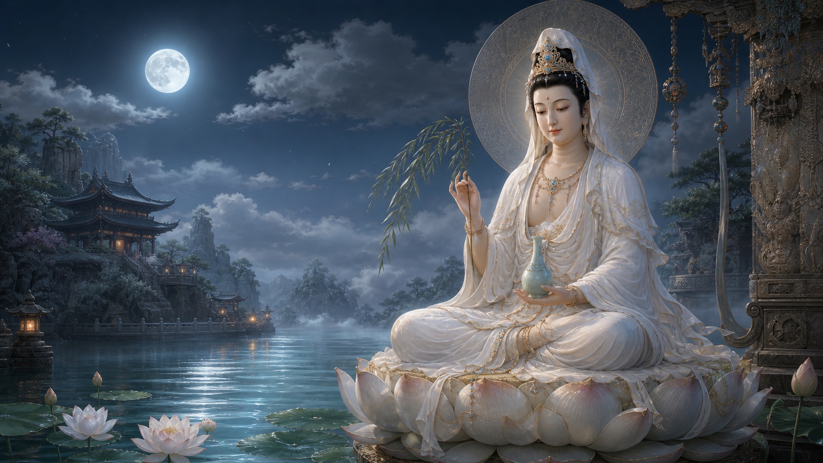 Guanyin seated on a lotus with a willow branch and purification vase