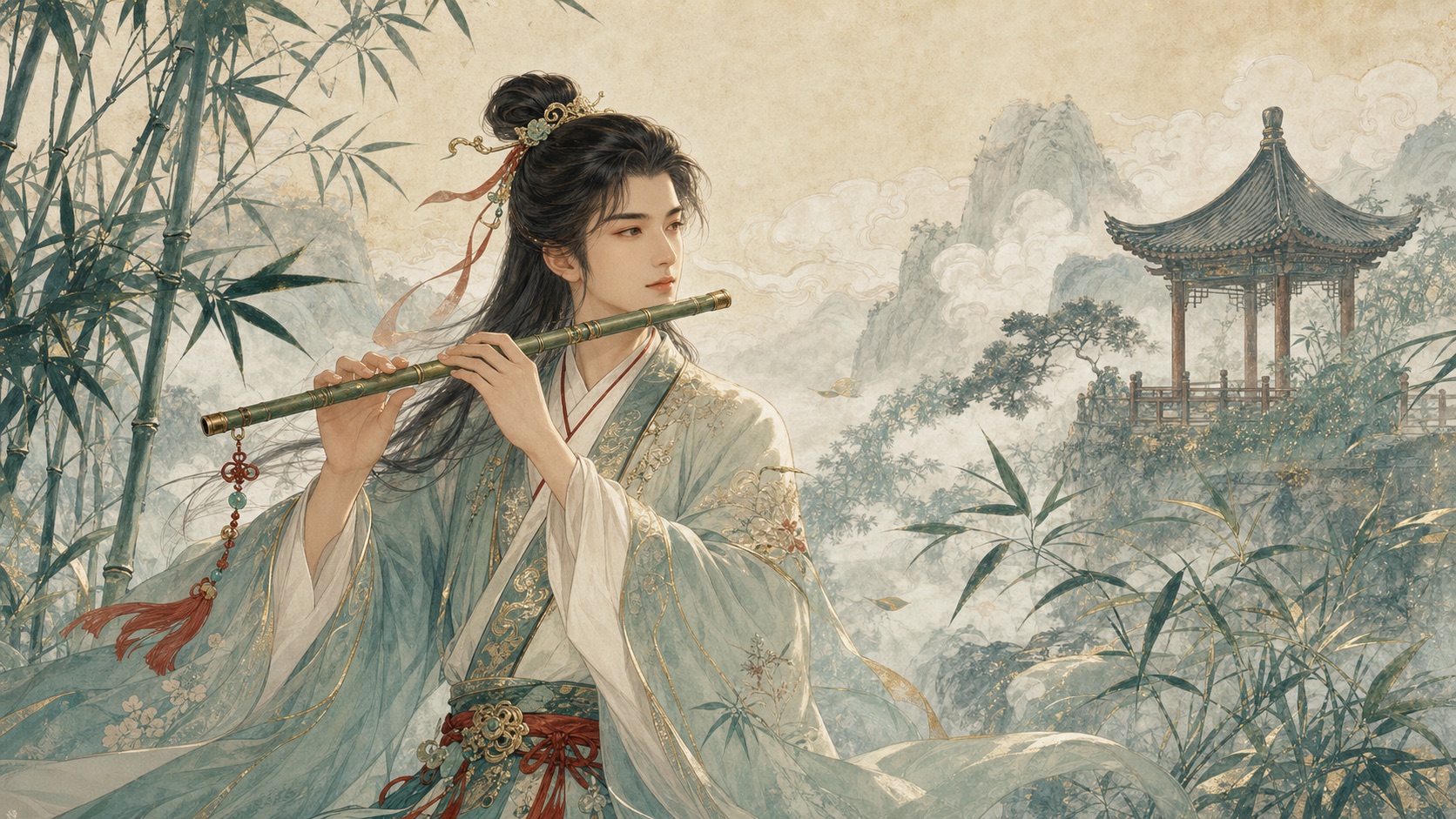 Han Xiangzi playing a bamboo flute in a misty bamboo grove