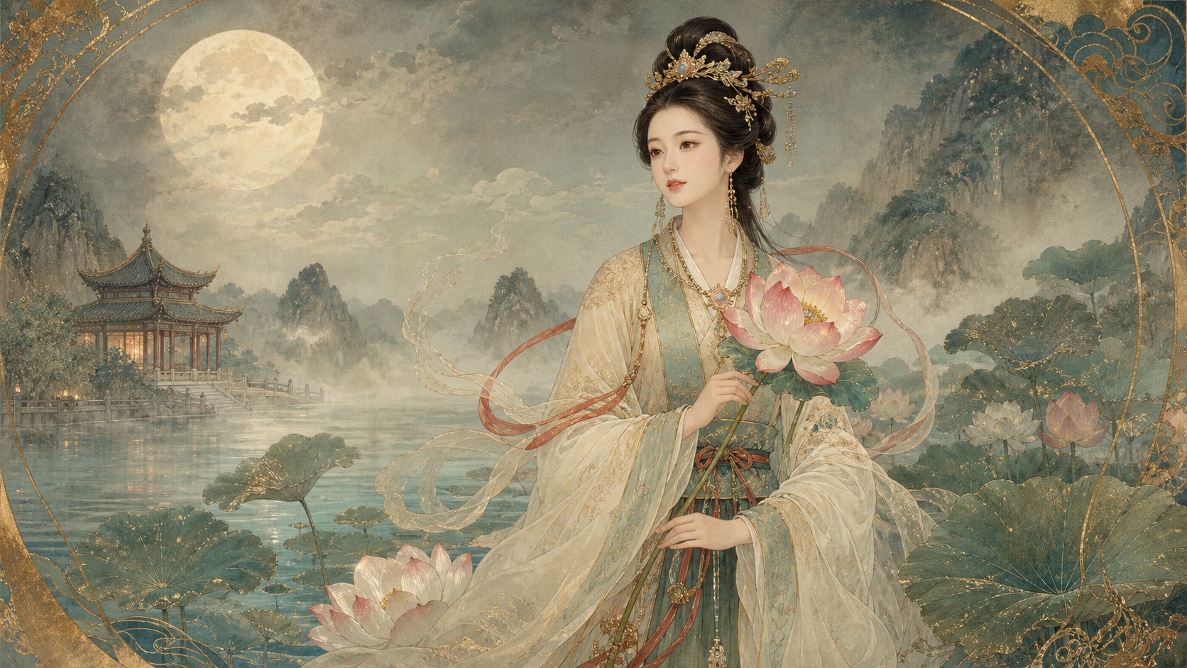 He Xiangu holding a lotus blossom beside a misty moonlit lotus pond