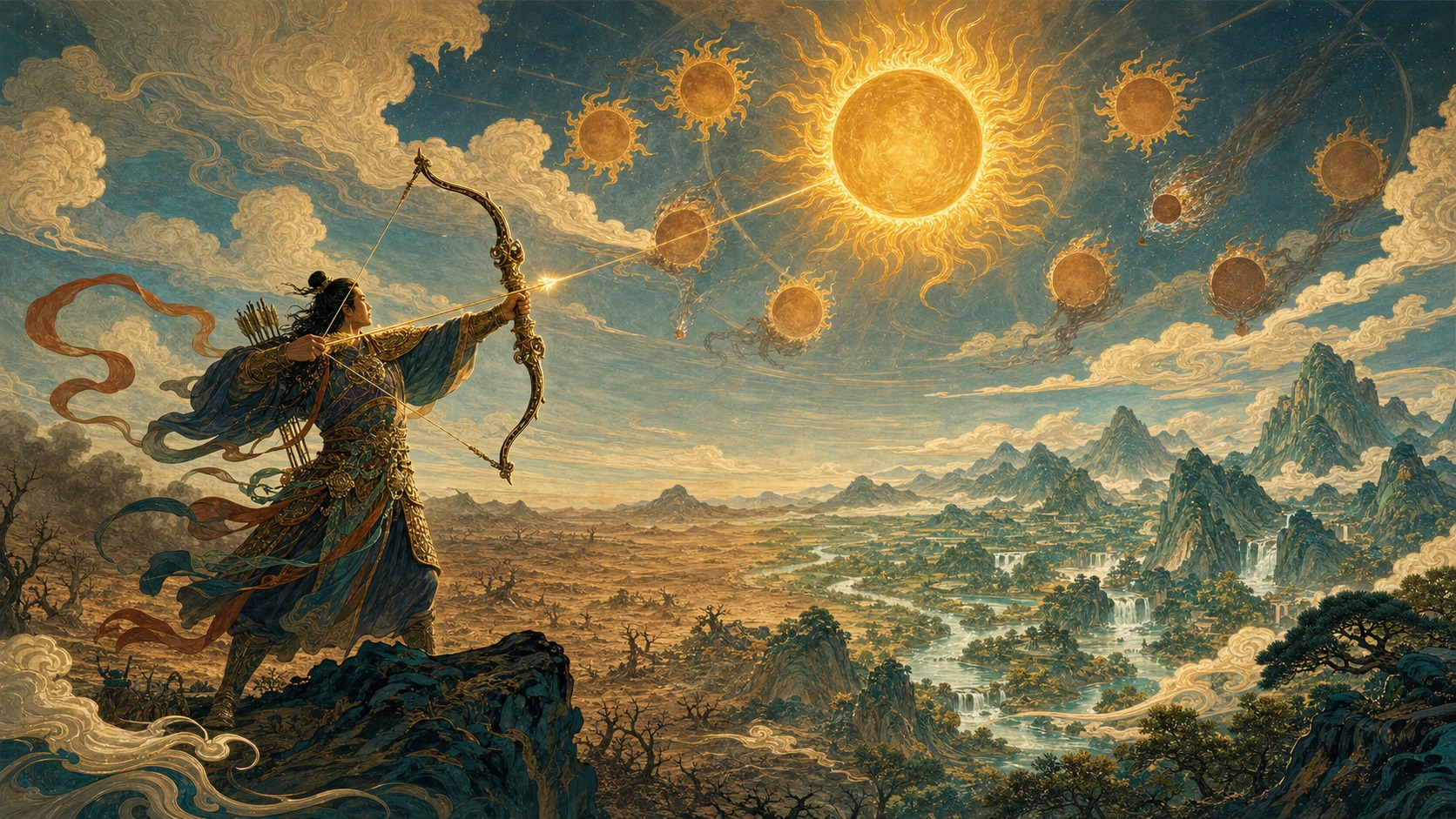 Hou Yi drawing a bow beneath ten suns in an ancient mythic landscape