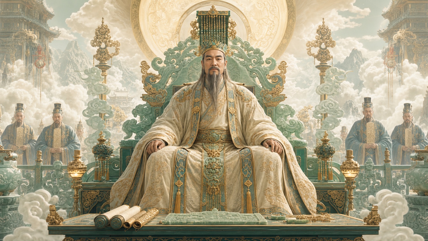 The Jade Emperor seated in a celestial court with jade and gold regalia