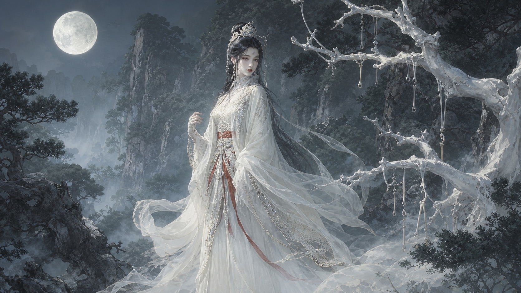 Lady White Bone in pale robes with moonlit mist and restrained bone-white floral motifs