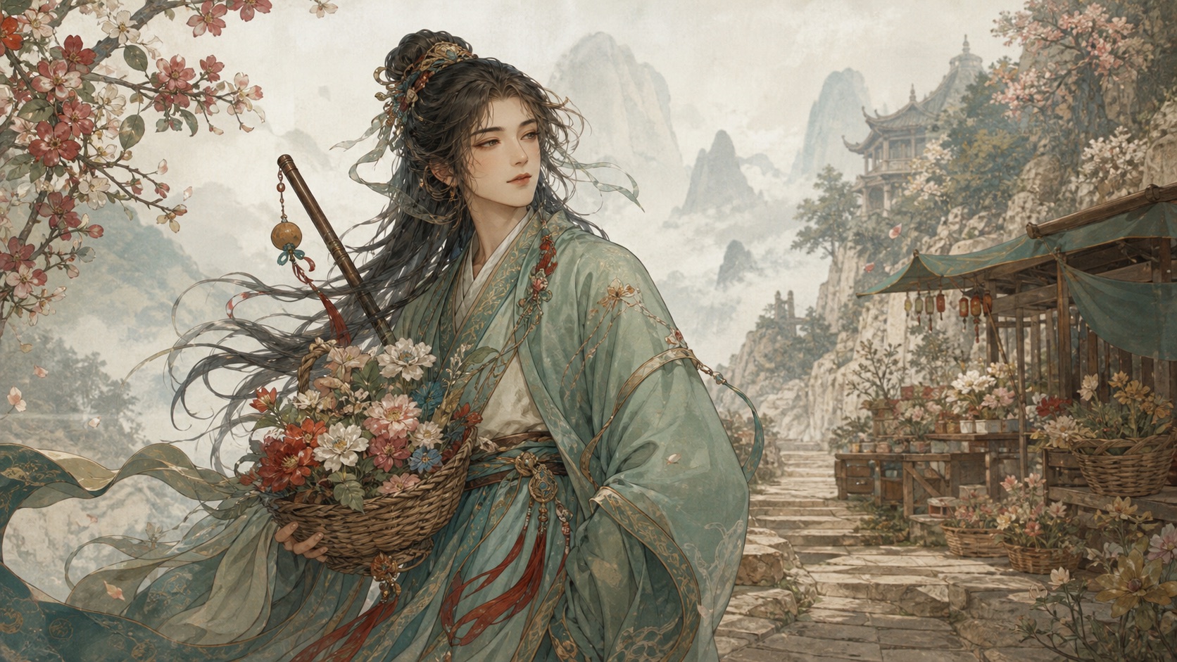 Lan Caihe carrying a flower basket on a quiet mountain market path