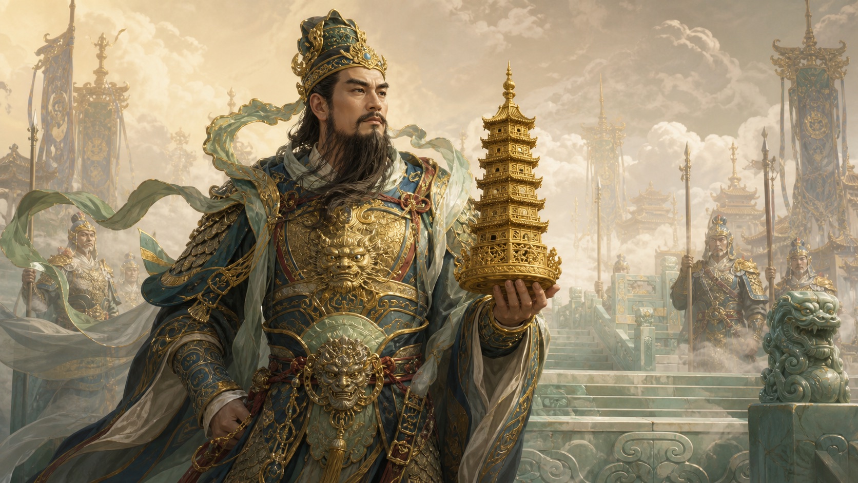 Li Jing holding an ornate golden pagoda in a heavenly military court