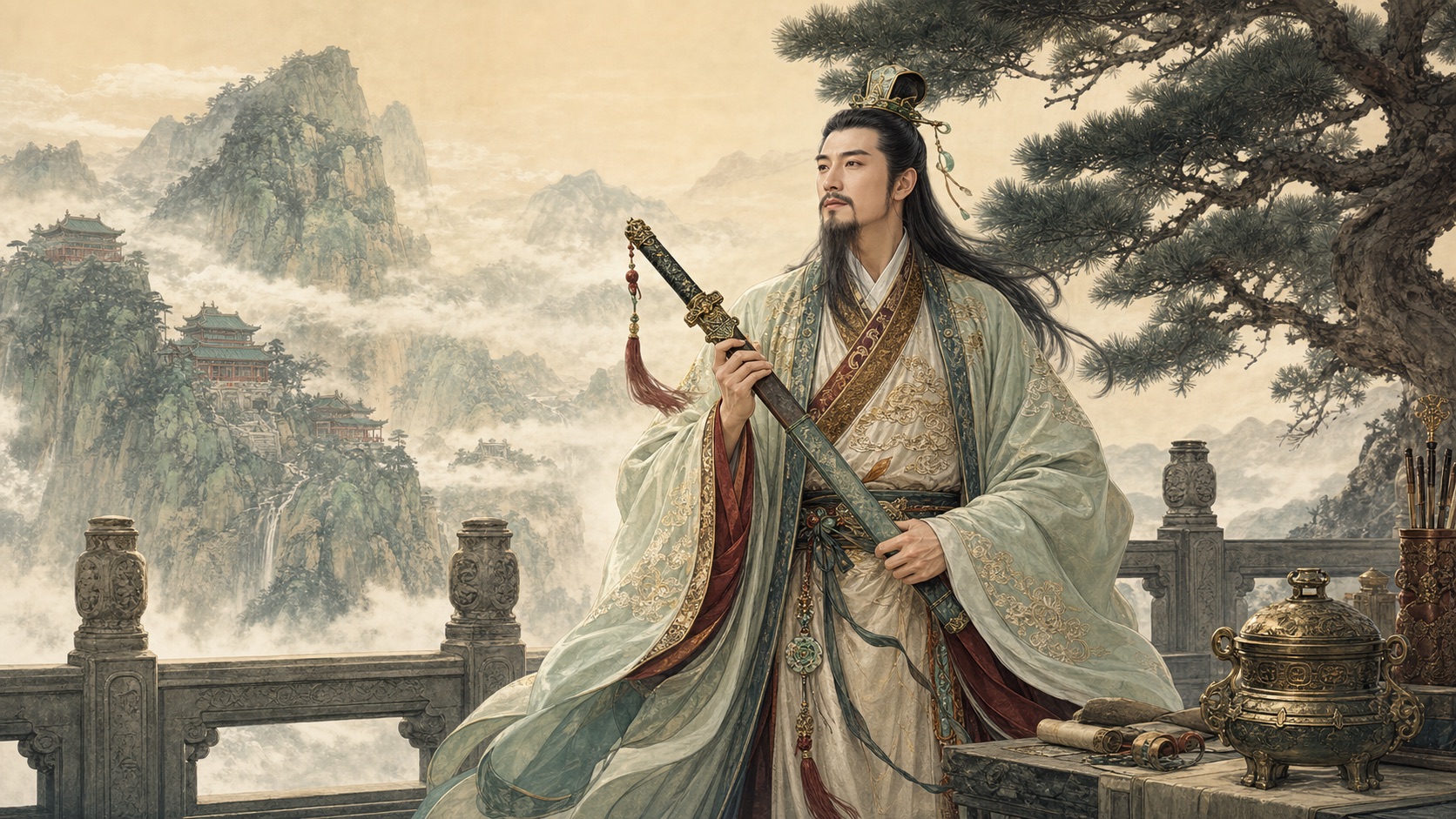 Lu Dongbin holding a sword on a misty mountain academy terrace