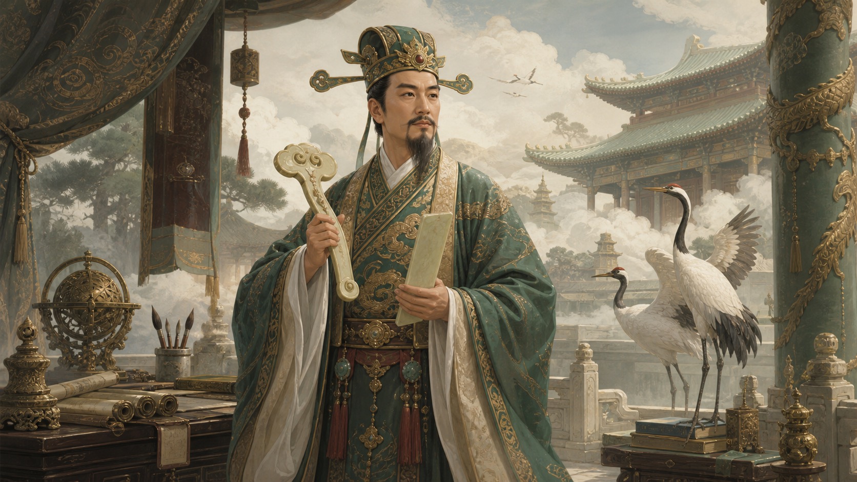Lu Xing as an elegant official holding a court tablet and ruyi in a refined palace setting
