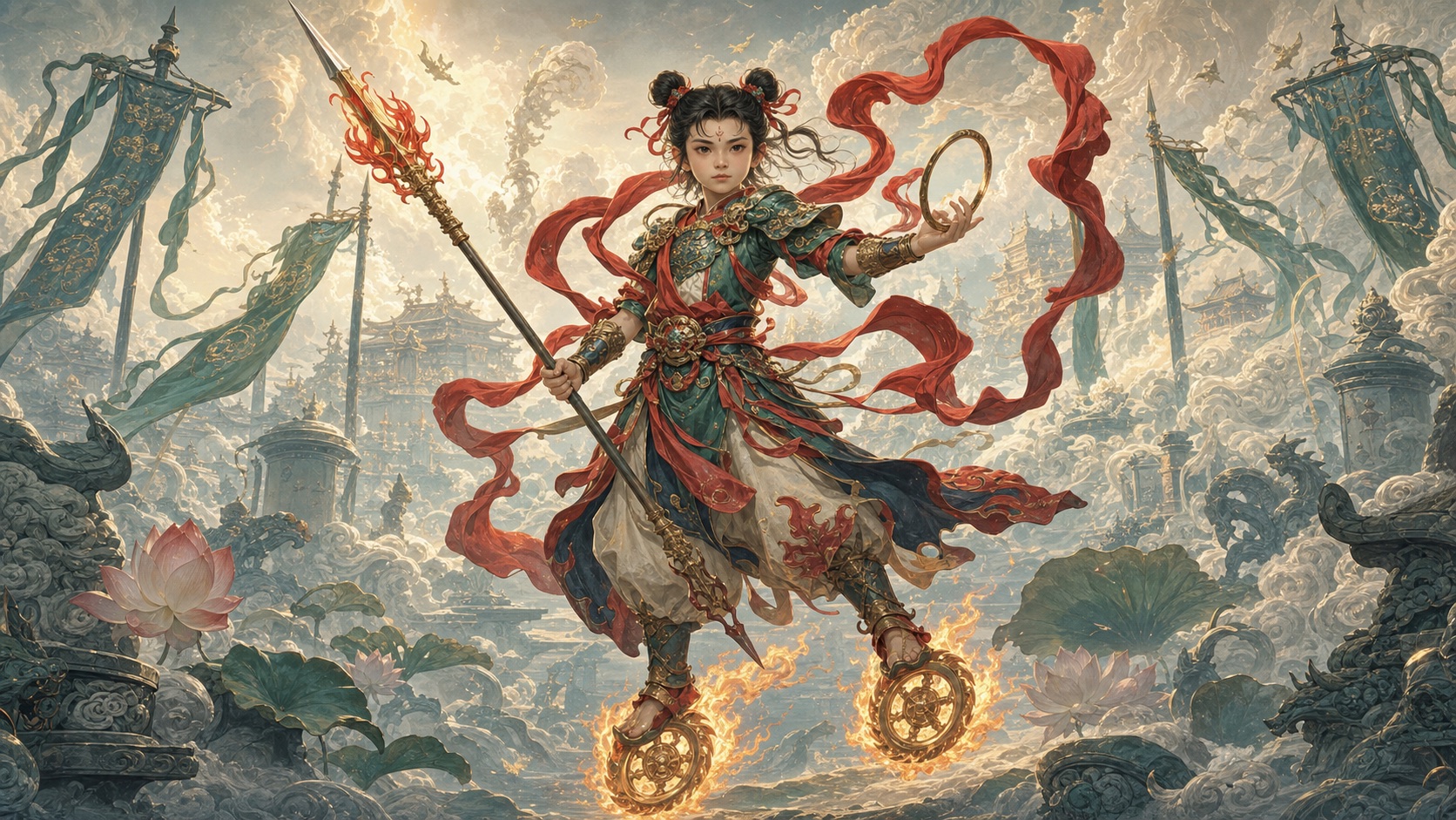 Nezha with Wind Fire Wheels, Fire-tipped Spear, Red Armillary Sash, and Universe Ring