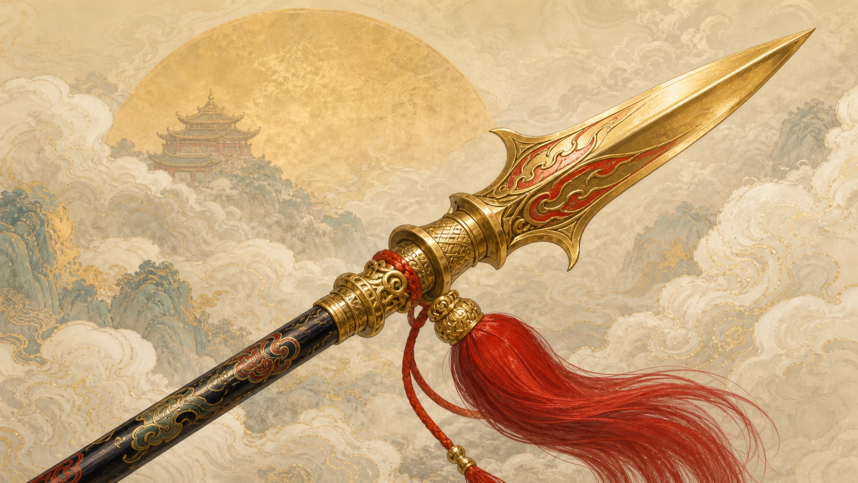 Nezha's Fire-tipped Spear shown as a golden spear with red tassel and cloud engravings