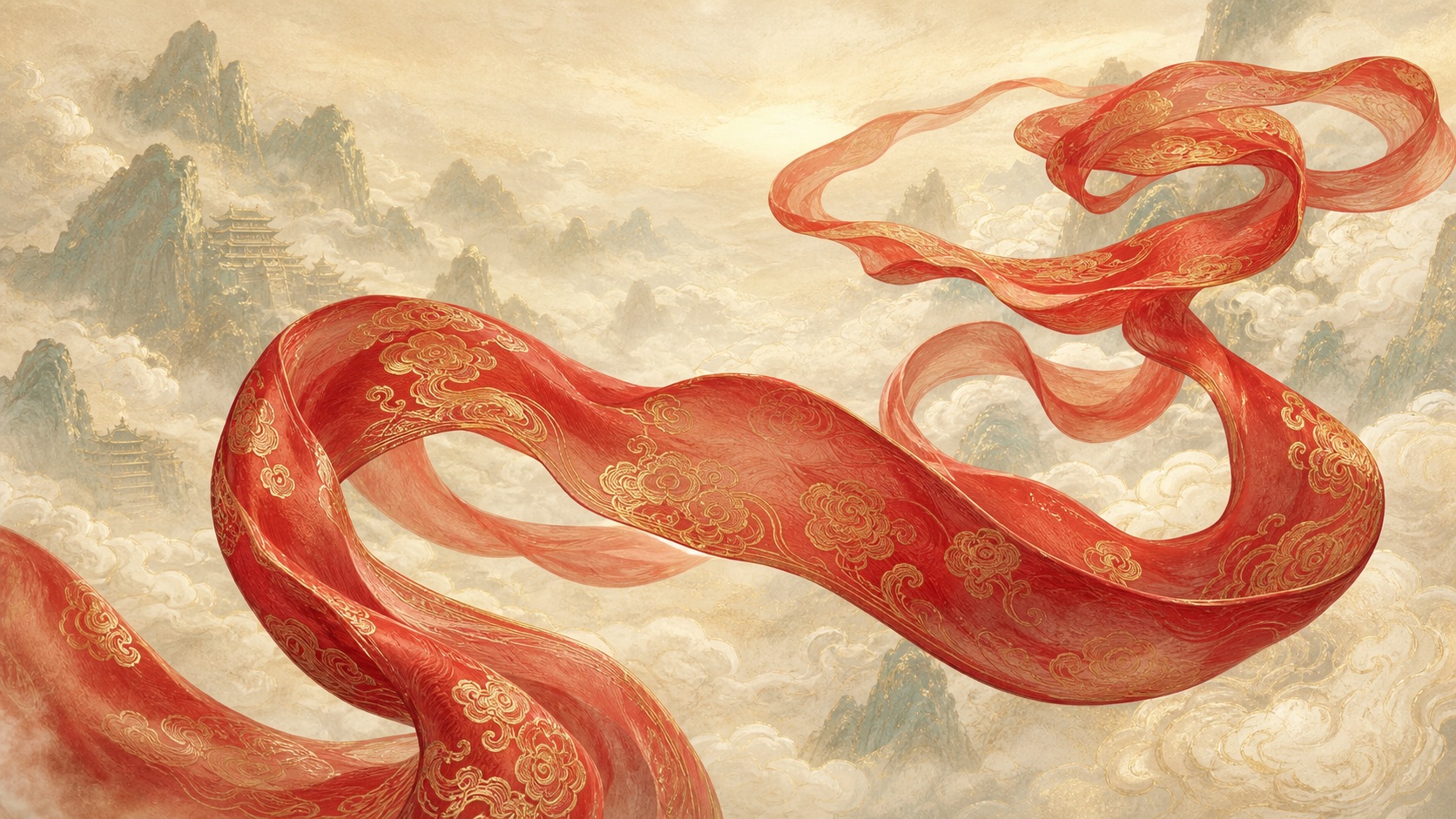 Nezha's Huntian Ling shown as a red silk sash with gold cloud embroidery