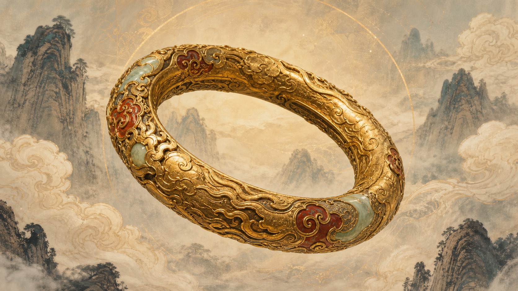 Nezha's Qiankun Ring shown as an ornate golden ring with jade and cinnabar accents
