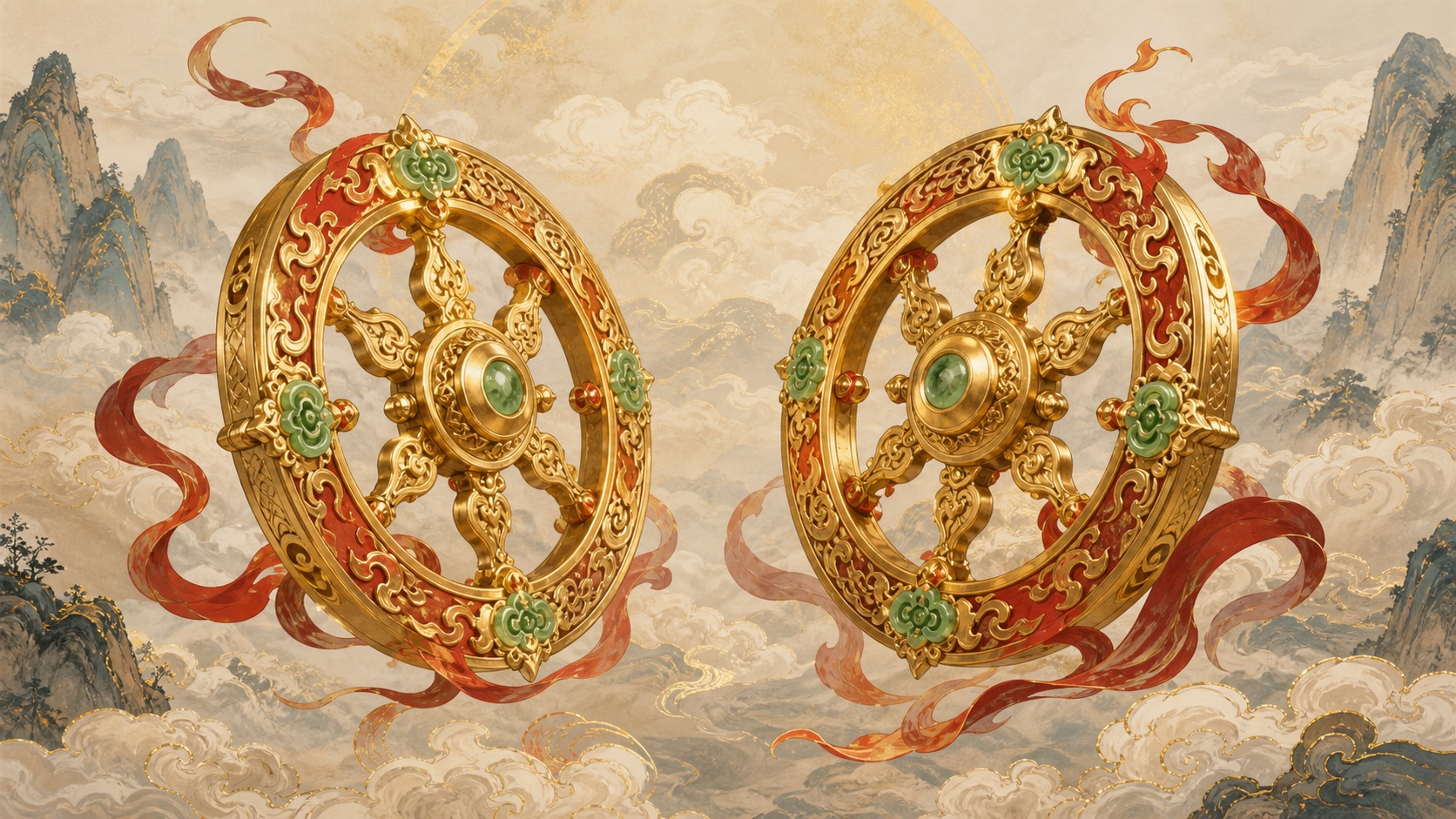 Nezha's Wind Fire Wheels shown as two ornate golden flying wheels