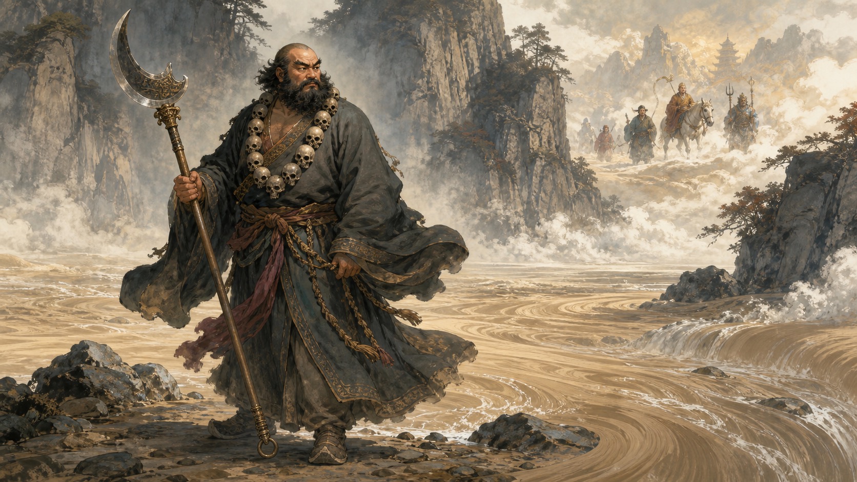 Sha Wujing standing by a river with a crescent staff and a quiet pilgrimage atmosphere