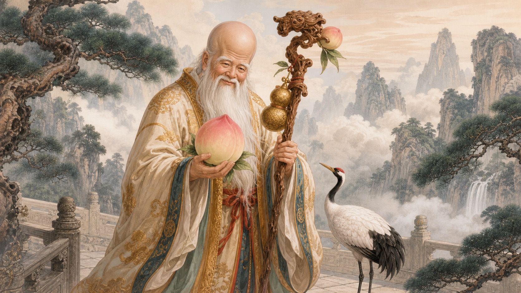 Shou Xing with a peach, staff, crane, pine trees, and refined longevity symbolism
