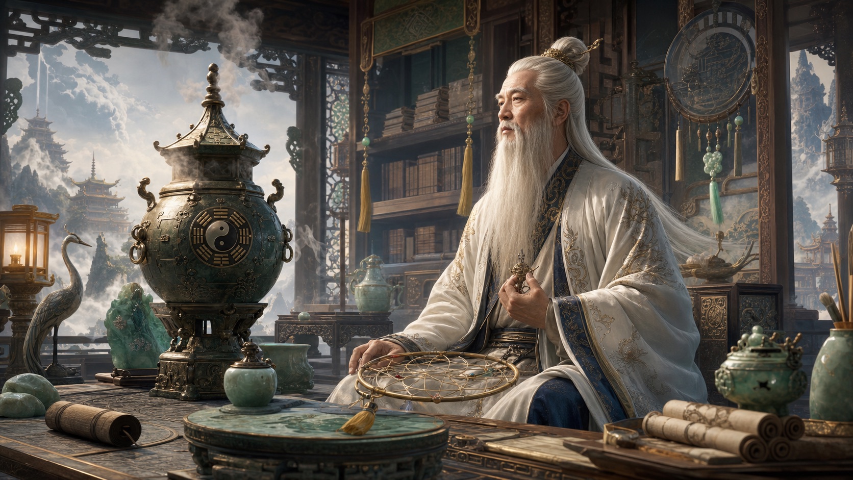 Taishang Laojun in a Daoist alchemy hall with an Eight Trigrams Furnace