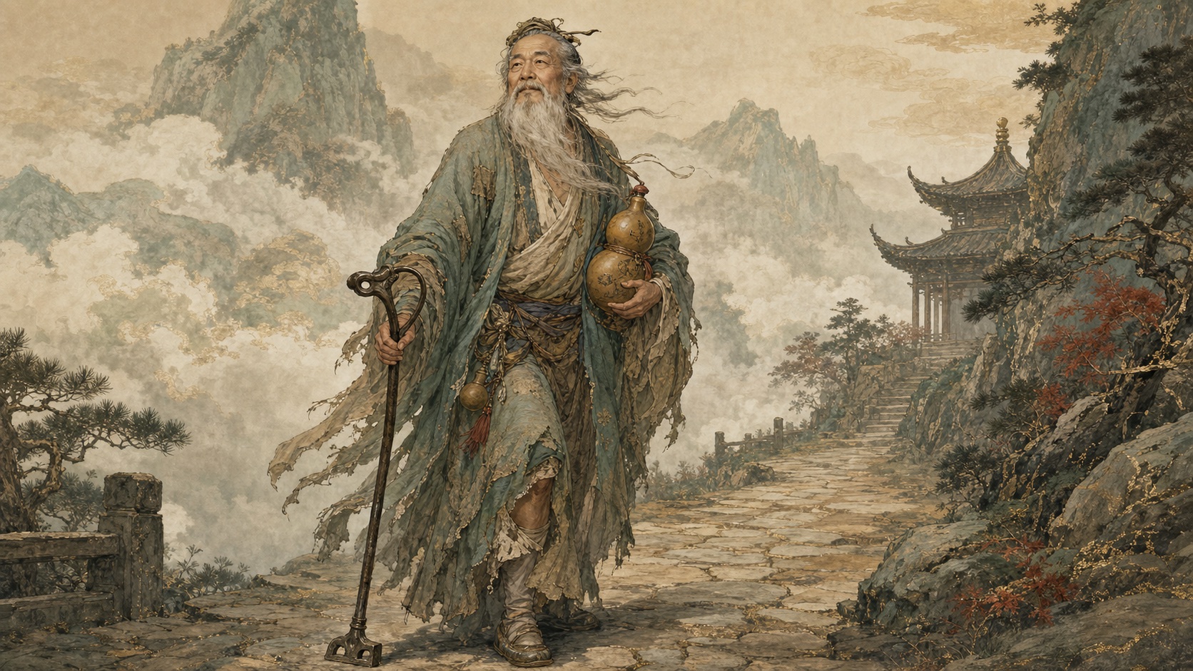 Li Tieguai holding an iron crutch and a gourd on a misty mountain path
