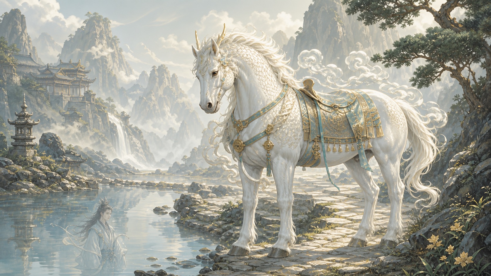 The White Dragon Horse glowing beside a stream with a subtle dragon spirit in the clouds