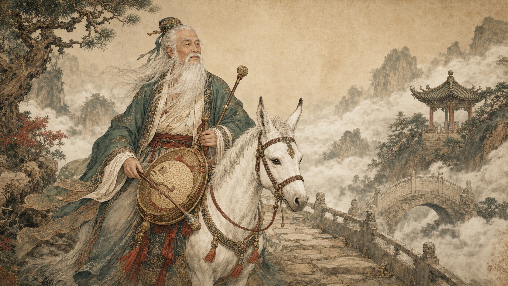 Zhang Guolao with a white donkey and fish drum on a misty mountain bridge