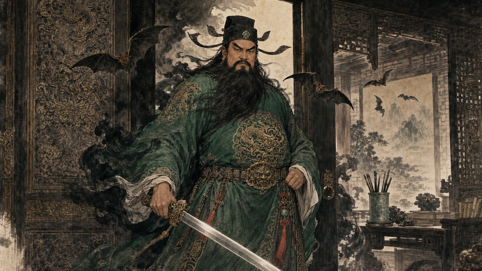 Zhong Kui as a fierce guardian official holding a sword by a traditional doorway