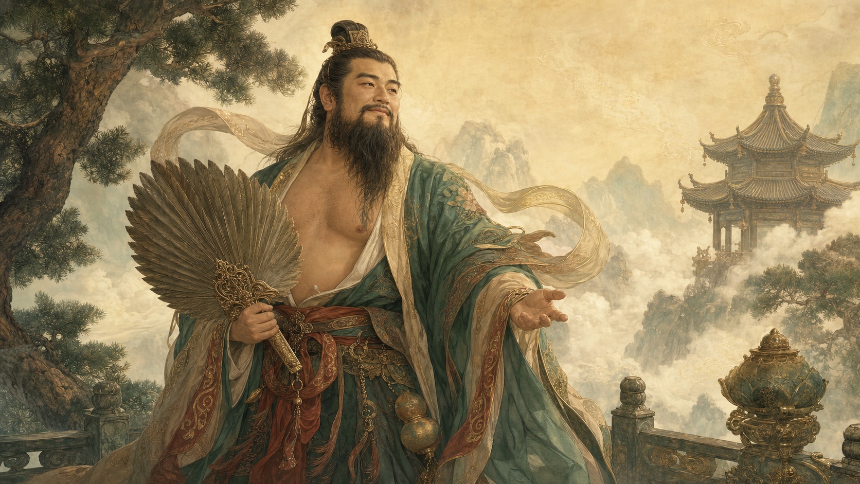Zhongli Quan holding a broad fan on a cloudy celestial terrace