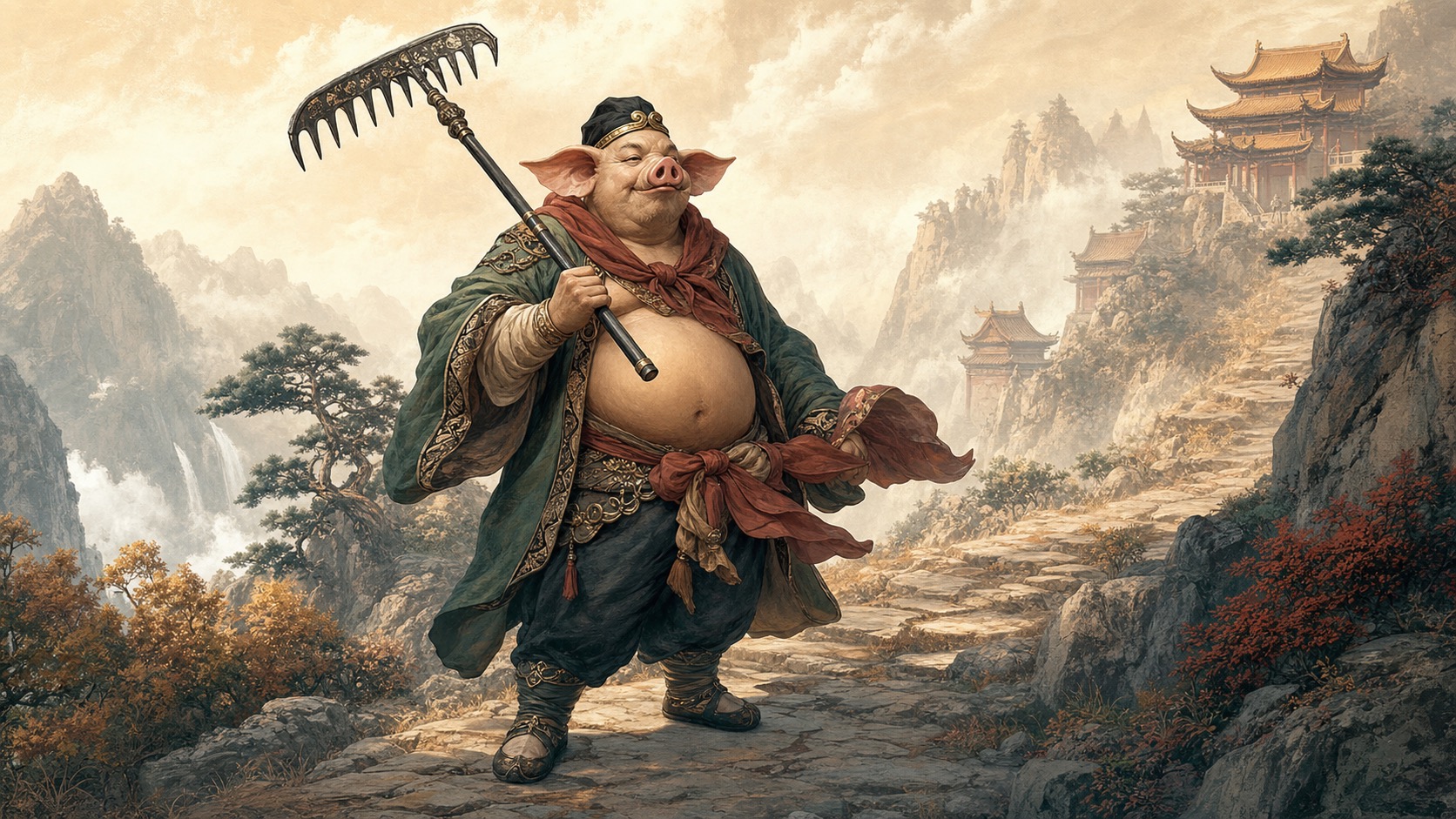 Zhu Bajie holding a nine-toothed rake on a pilgrimage road with warm clouds and mountain fields